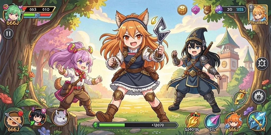 Tampilan gameplay 666J dengan karakter anime beraksi.