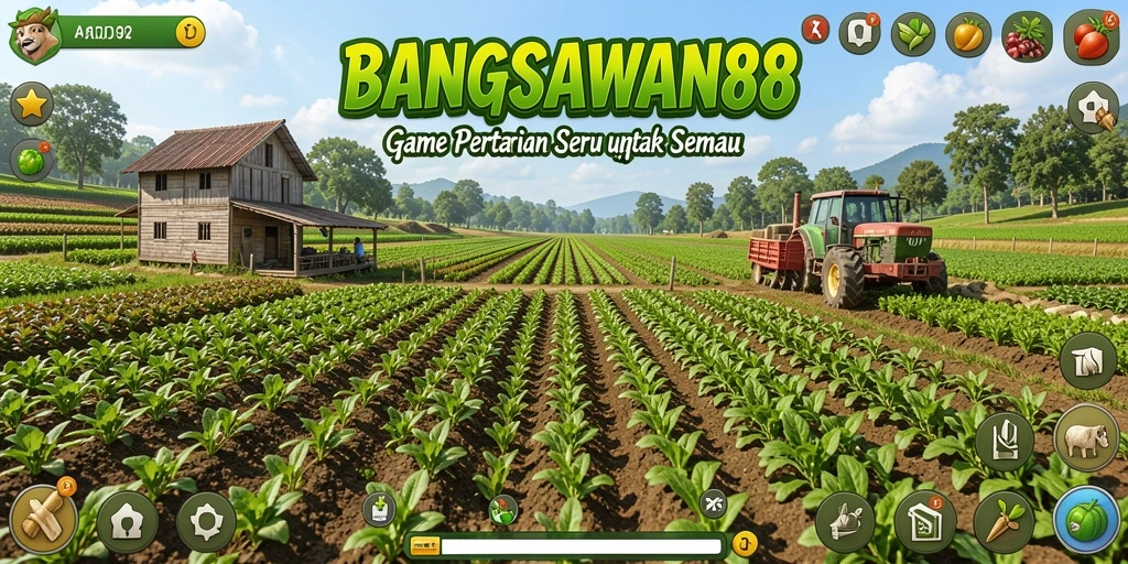 Tampilan permainan <strong>BANGSAWAN88</strong> dengan ladang yang subur dan berbagai tanaman.