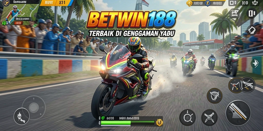 Tangkapan layar dari gameplay BETWIN188 menampilkan balapan motor yang mendebarkan.