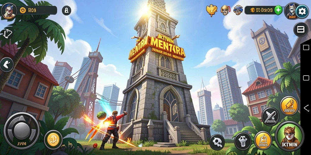 Tampilan gameplay <strong>JKTWIN</strong> dengan menara dan musuh yang saling bertarung.