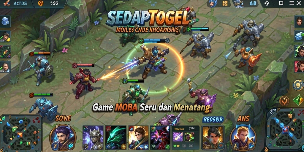 Screenshot SEDAPTOGEL menampilkan aksi pertempuran MOBA yang intens.