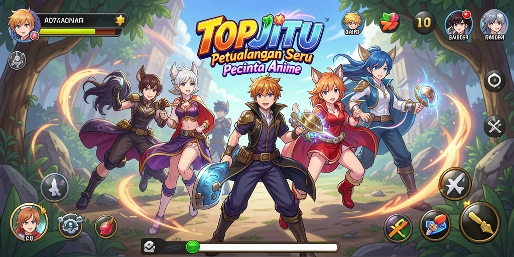 Screenshot gameplay TOPJITU yang memperlihatkan pertempuran seru antar karakter anime.